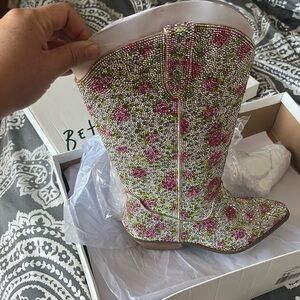 Betsy Johnson floral rhinestone boots NWT